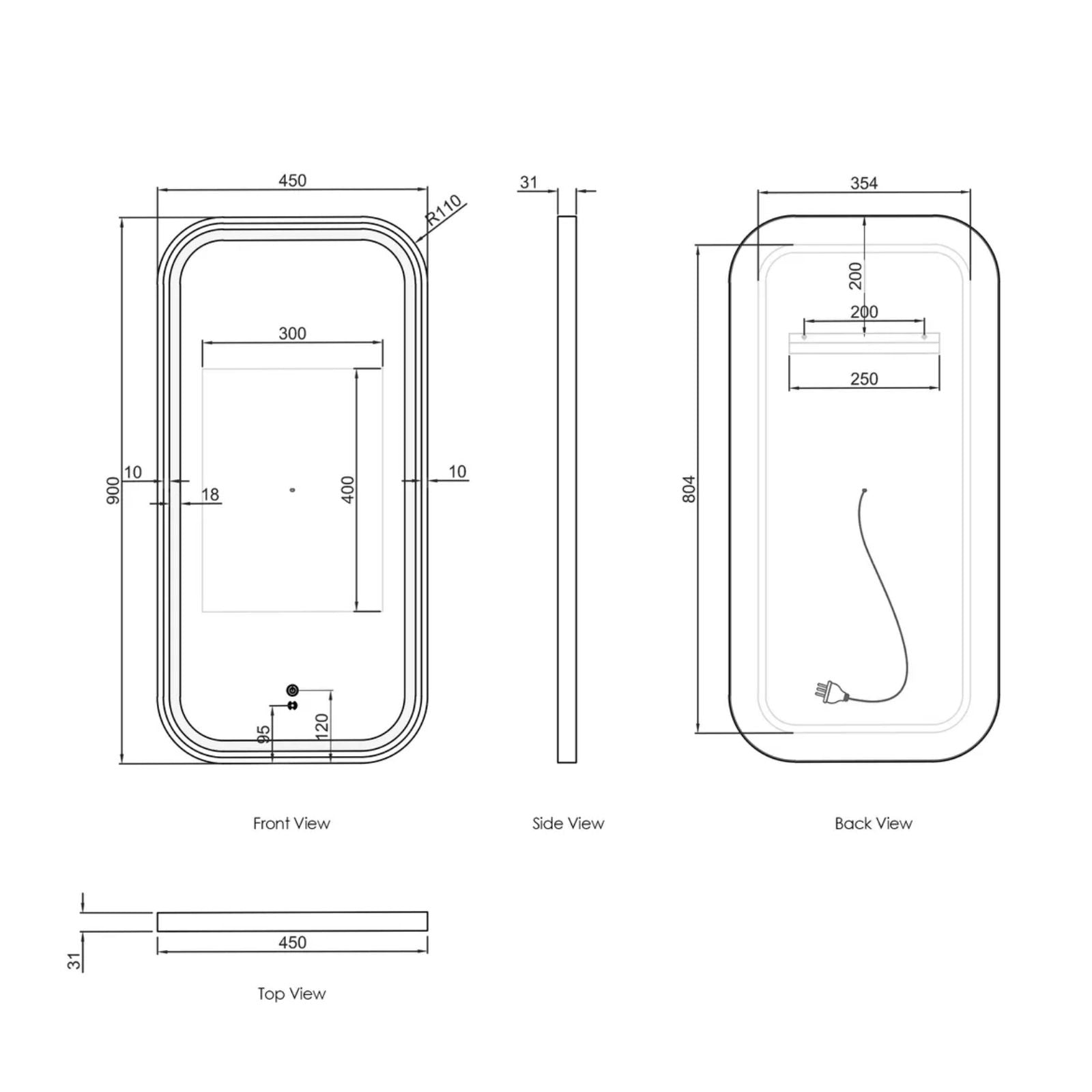 Technical Drawing Otti LED Newport 900mm x 450mm Metal Frame Soft Square Mirror - White LED-SQM9045W - The Blue Space