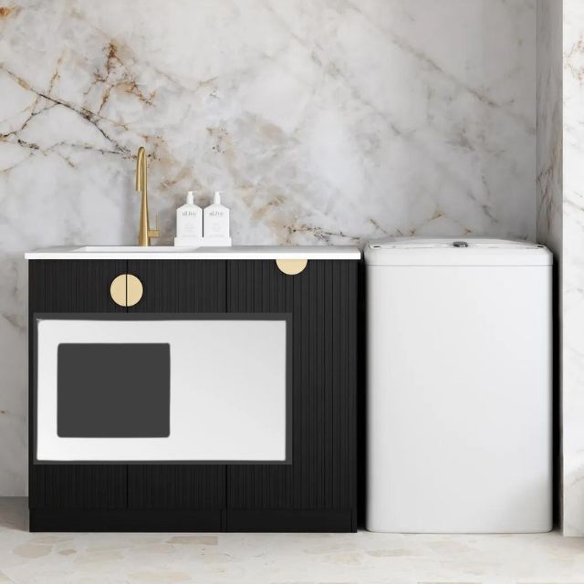 Otti Marlo Black 1060mm Laundry Cabinet Set Pure White Solid Surface LA-1060-MA-PW-KIT | The Blue Space