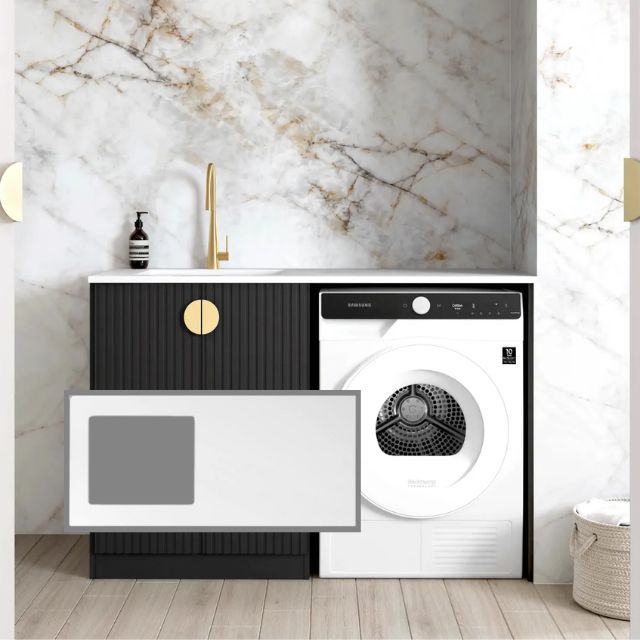 Otti Marlo Black 1300mm Laundry Cabinet Set with Pure White Solid Surface Stone Top LA-1300-MA-PW-KIT | The Blue Space
