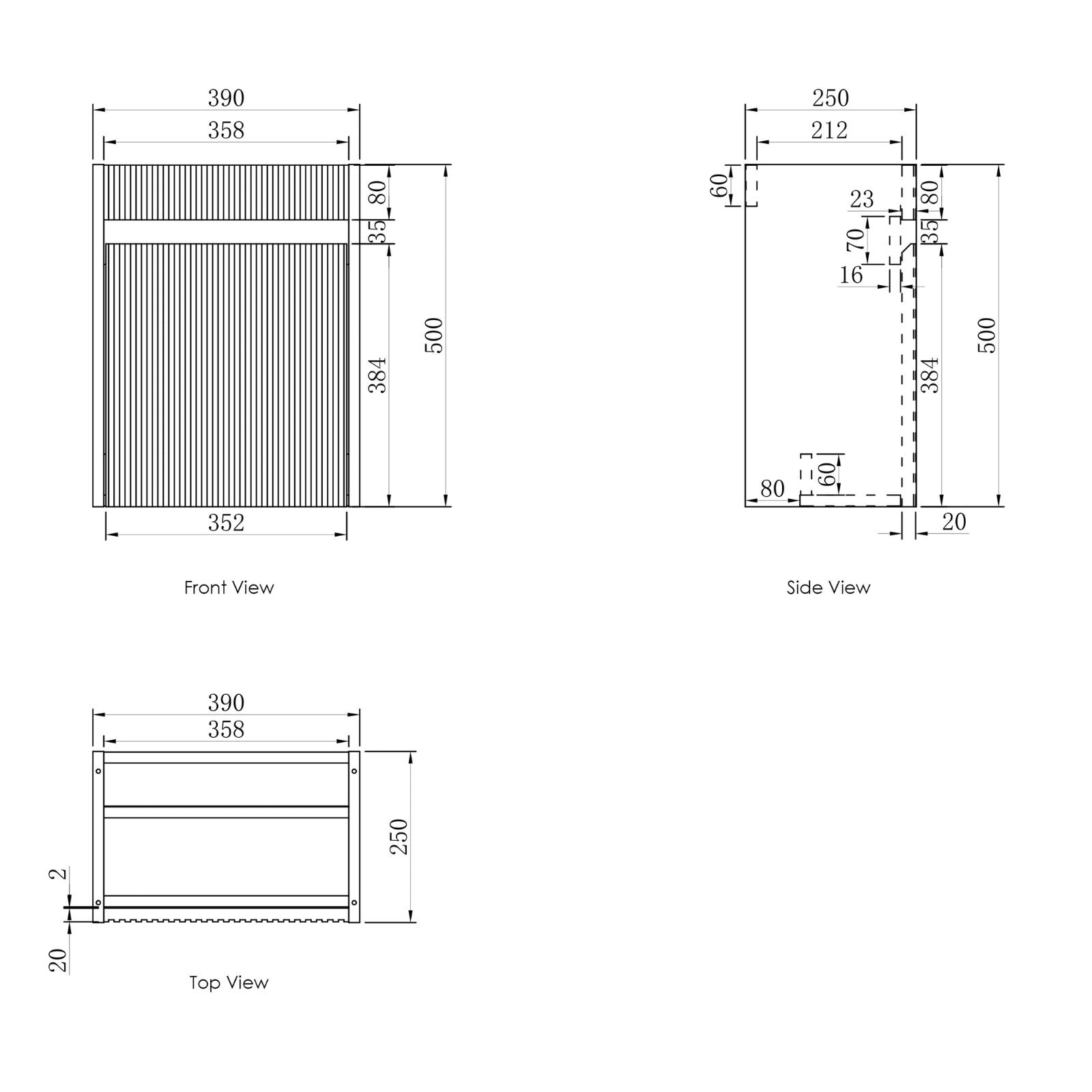 Technical Drawing Otti Mini Ensuite Wall Hung Vanity 400mm Sable Walnut Fluted Vanity with Basin SP400SW - The Blue Space