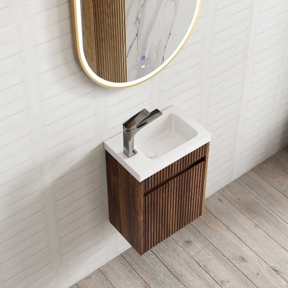 Otti Mini Ensuite Wall Hung Vanity 400mm Sable Walnut Fluted Vanity with Basin