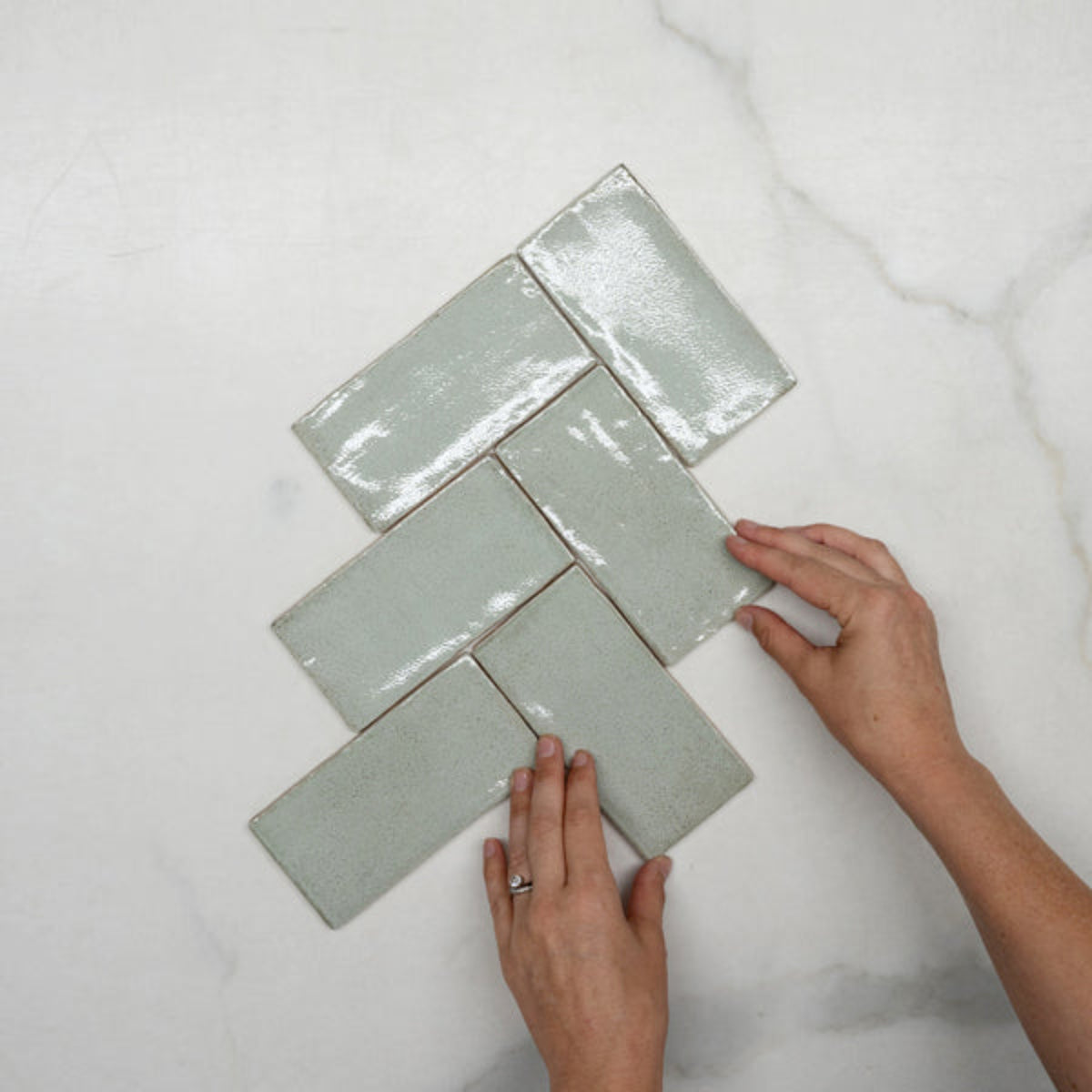 Fishbone WIth Hand Pale Green Dianna Hand Made Subway Tile 75 x 150 x 9mm Spanish Ceramic - The Blue Space