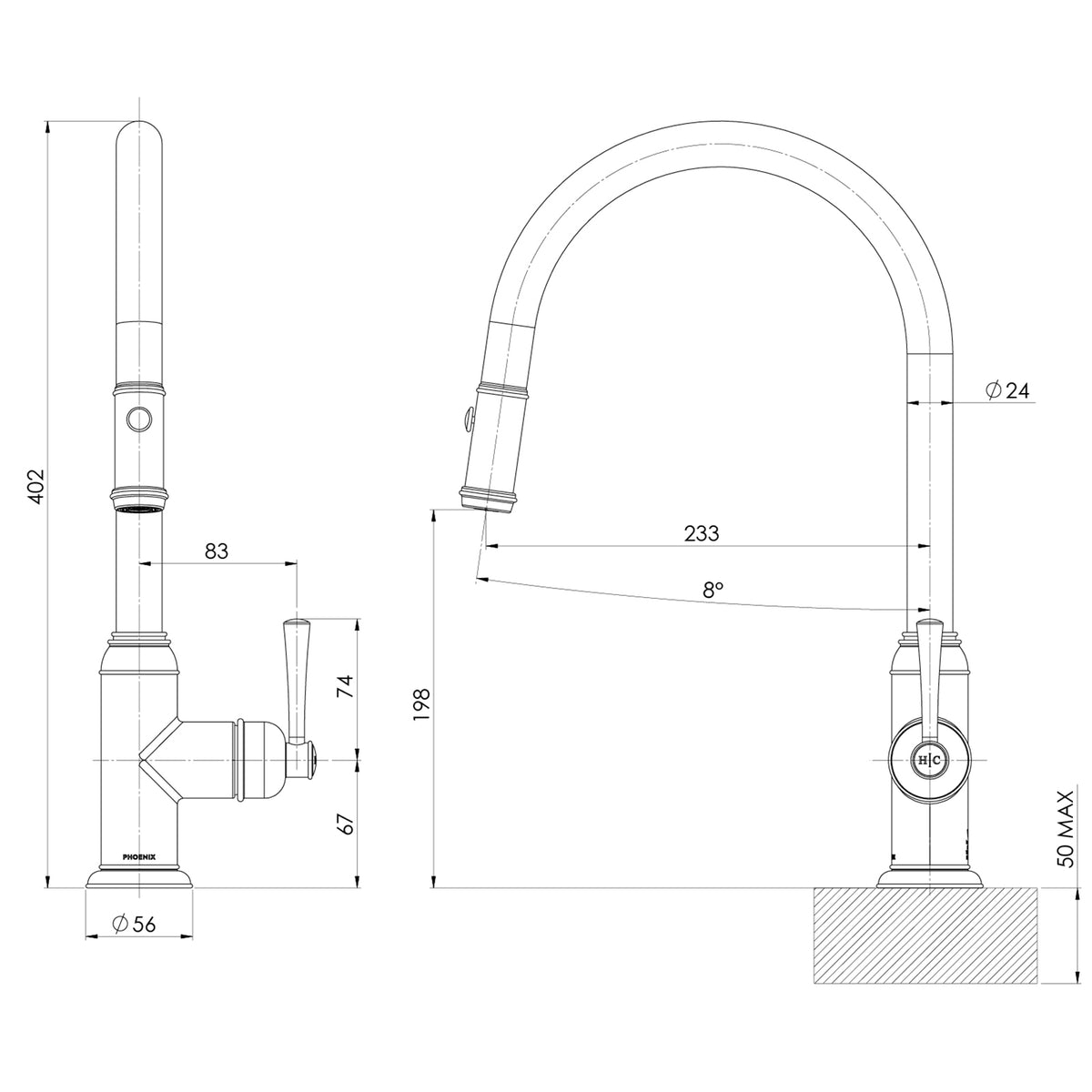 Technical Drawing Phoenix Cromford Pull Out Sink Mixer 230mm - Brushed Bronze 134-7120-24-1 - The Blue Space