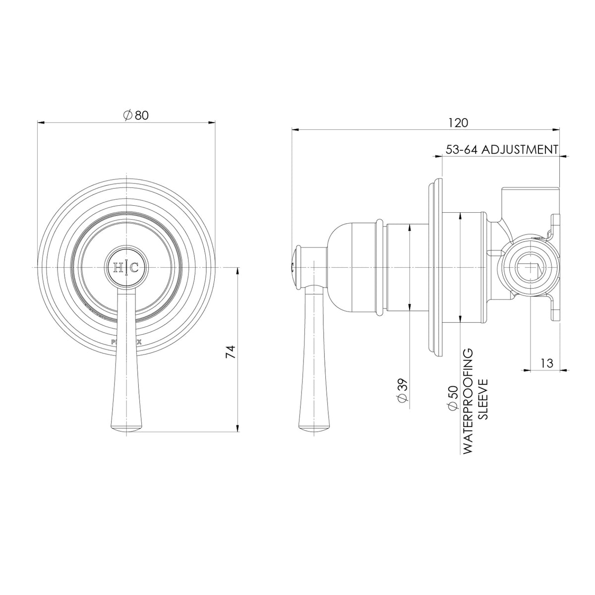 Technical Drawing Phoenix Cromford SwitchMix Shower / Wall Mixer Brushed Gold (Complete Kit) 134-2800-12-1-KIT - The Blue Space