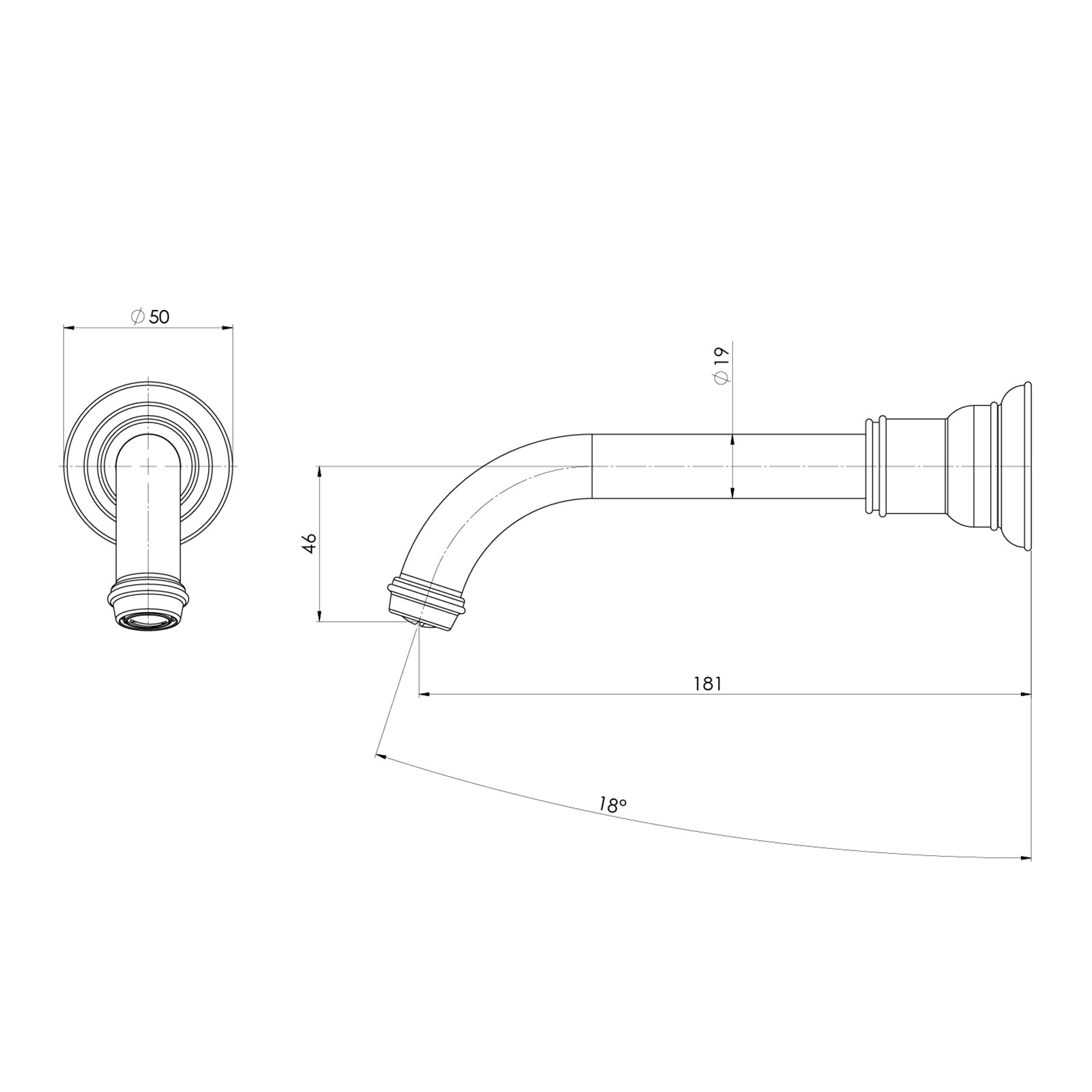 Technical Drawing Phoenix Cromford Wall Basin Bath Outlet - Brushed Bronze 134-7610-24-1 - The Blue Space