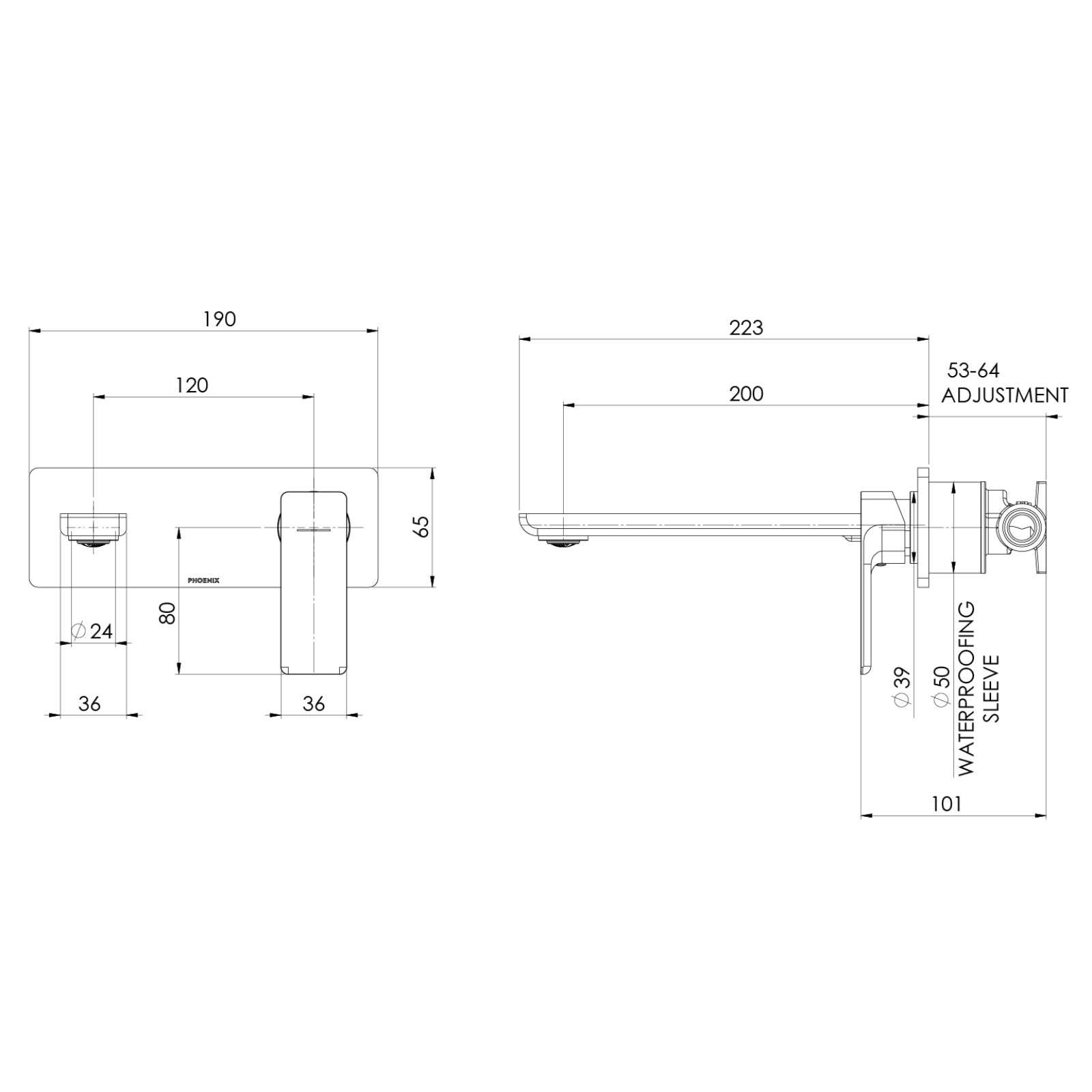 Technical Drawing Phoenix Gloss MKII SwitchMix Wall Basin / Bath Mixer Set Chrome (Fit-Off Kit Only) 135-2812-00-1 - The Blue Space