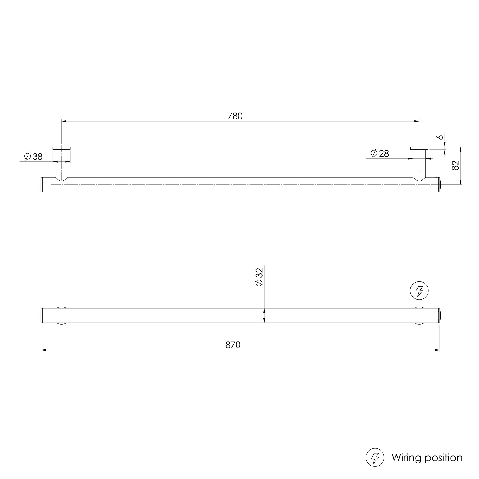 Technical Drawing Phoenix Heated Towel Rail Round 800mm - Brushed Bronze 650-8761-24 - The Blue Space