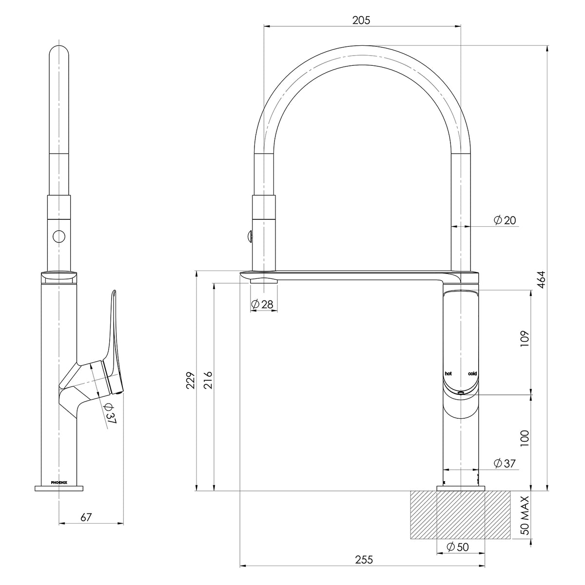 Technical Drawing Phoenix Kusabi Flexible Hose Sink Mixer 200mm - Chrome 138-7110-00-1 - The Blue Space
