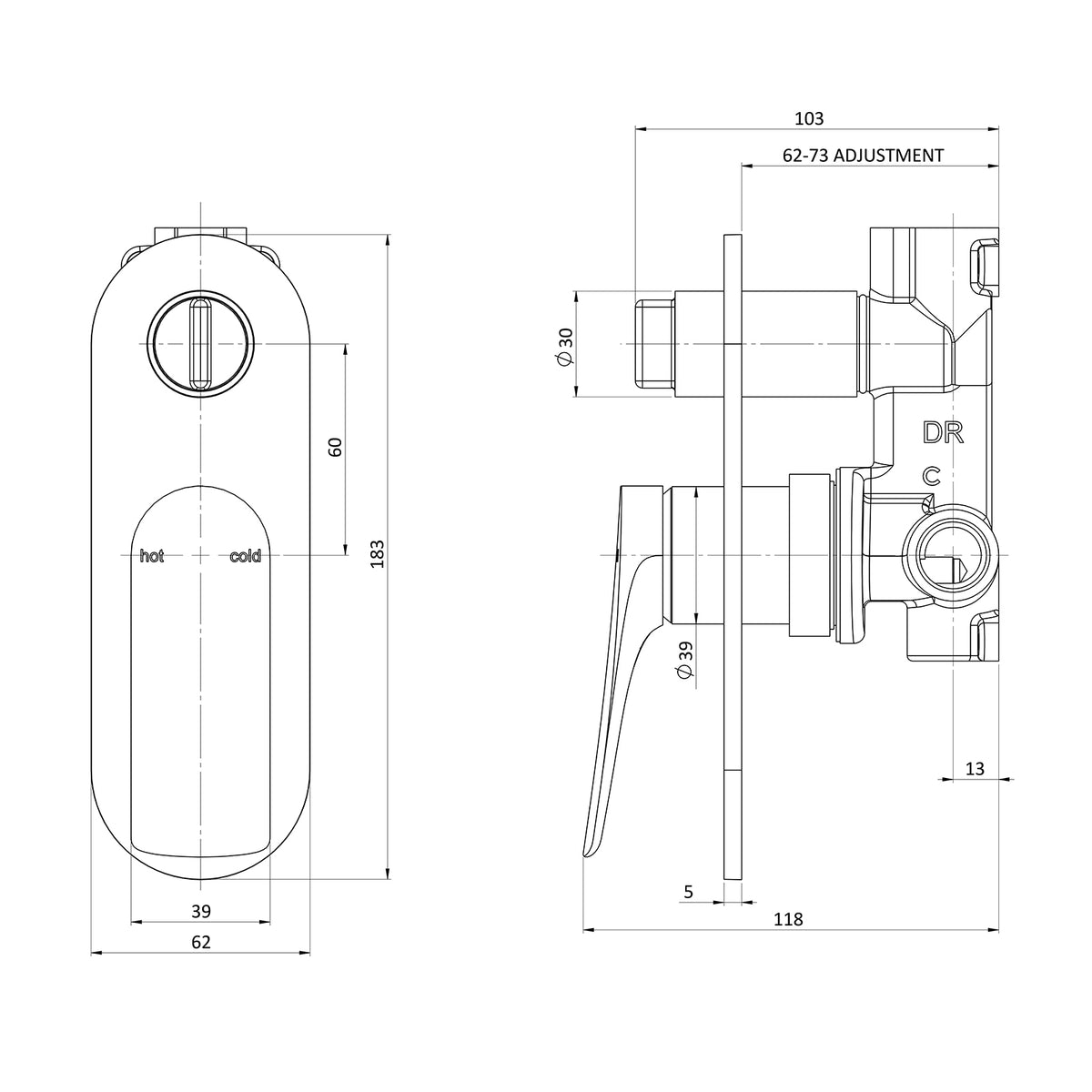 Technical Drawing Phoenix Kusabi Switchmix Shower Bath Diverter Mixer - Brushed Nickel 138-2910-40-1 - The Blue Space