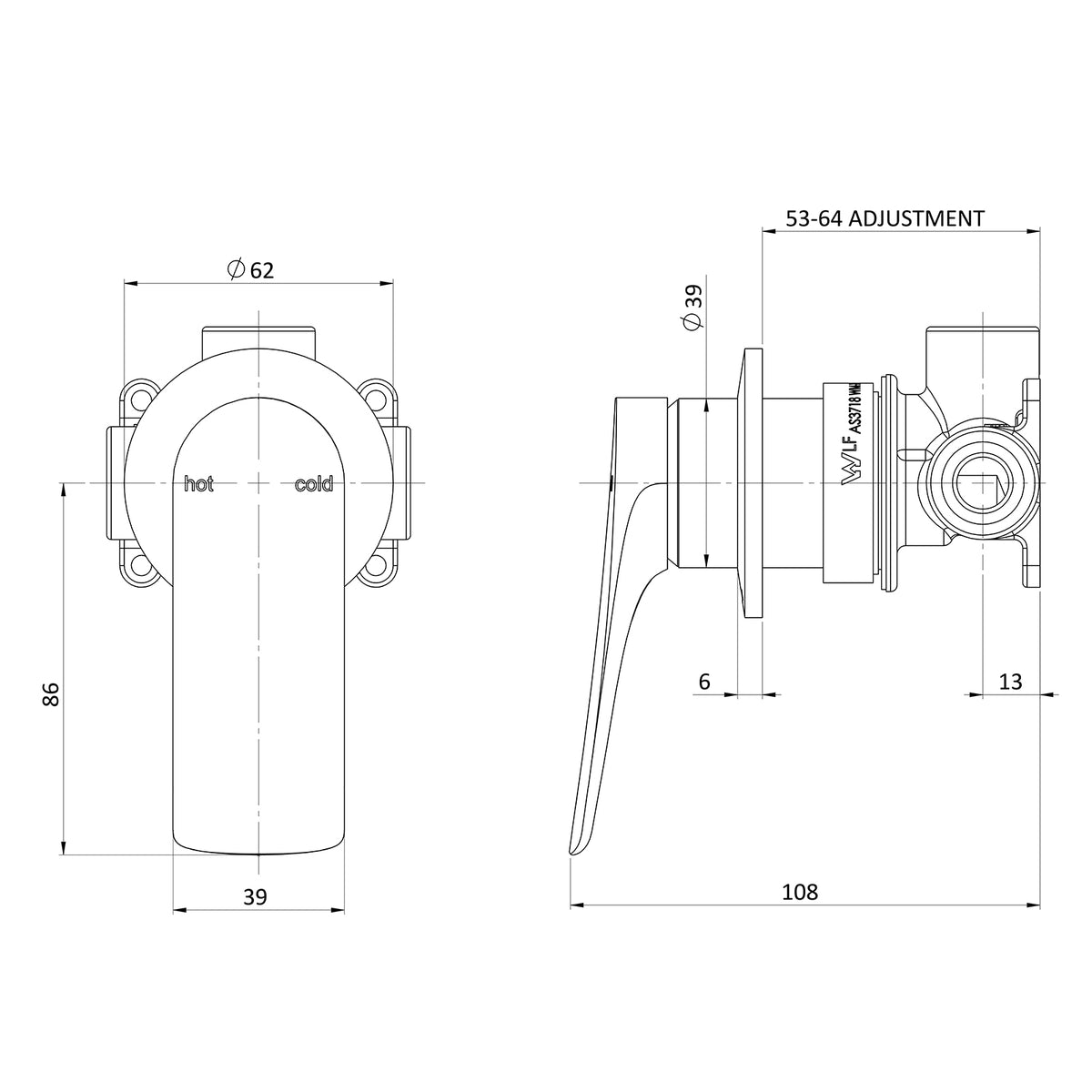 Technical Drawing Phoenix Kusabi Switchmix Shower Wall Mixer - Chrome 138-2800-00-1 - The Blue Space