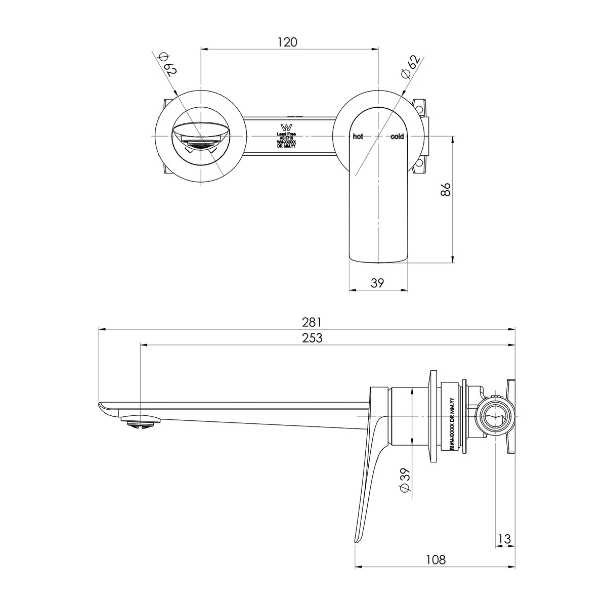 Technical Drawing Phoenix Kusabi Switchmix Wall Basin Bath Mixer Set 200mm Fit Off Kit - Matte Black 138-2812-10-1 - The Blue Space