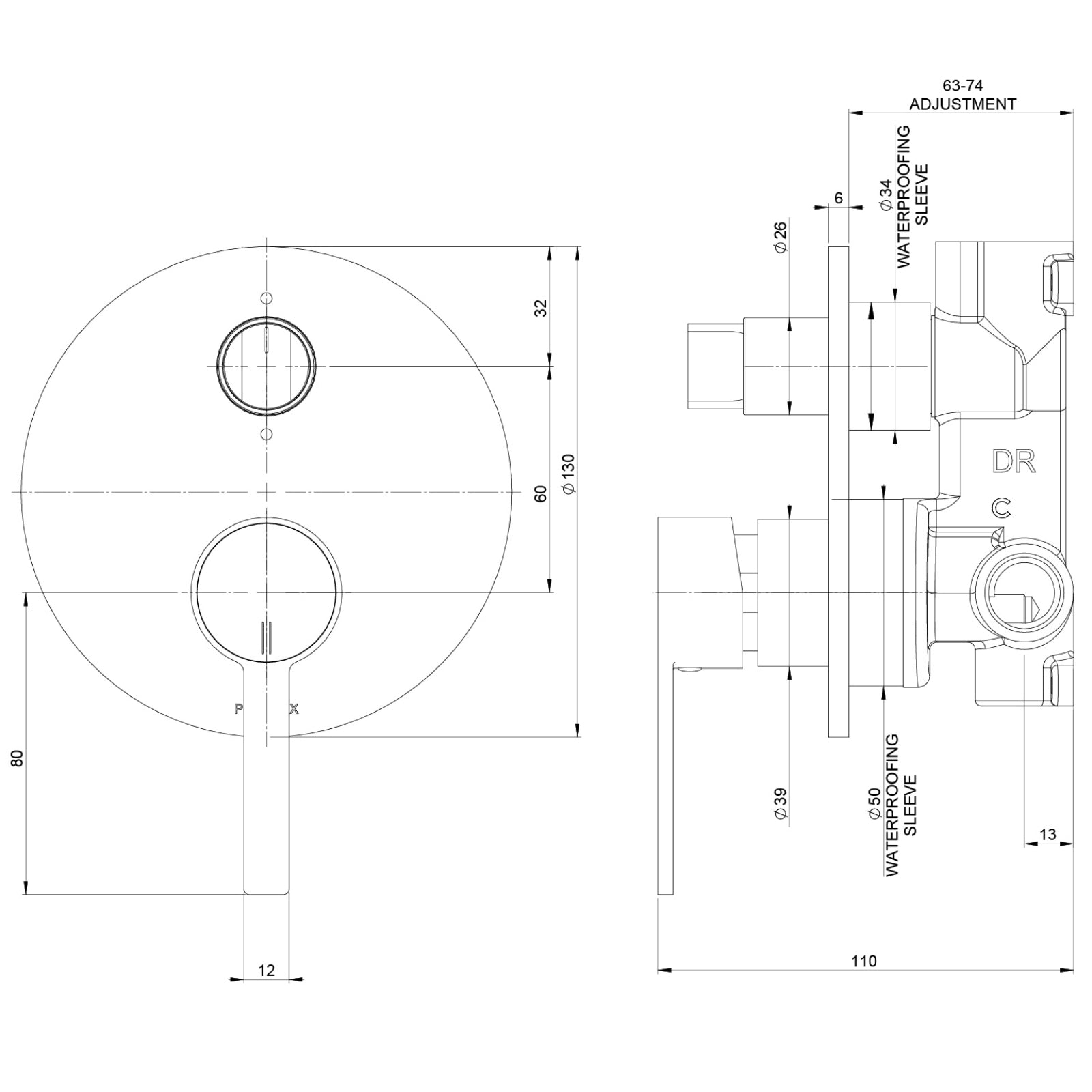 Technical Drawing Phoenix Lexi Mkii Switchmix Shower Bath Diverter Mixer - Chrome 123-2910-00_KIT - The Blue Space