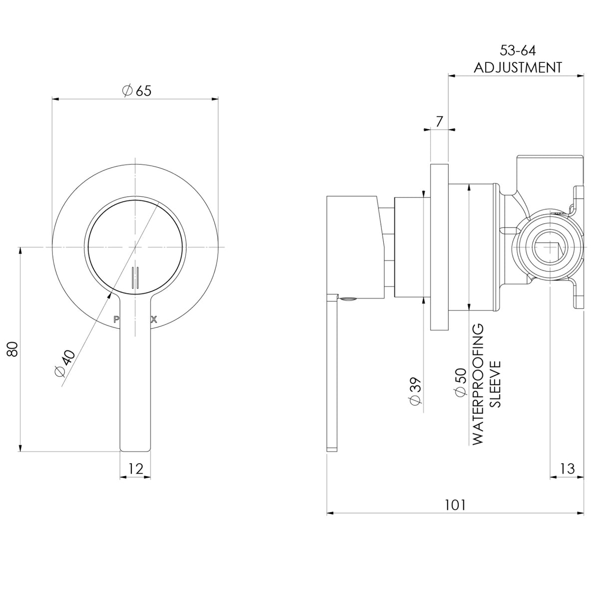 Technical Drawing Phoenix Lexi Mkii Switchmix Shower Wall Mixer - Brushed Nickel 123-2800-40 - The Blue Space
