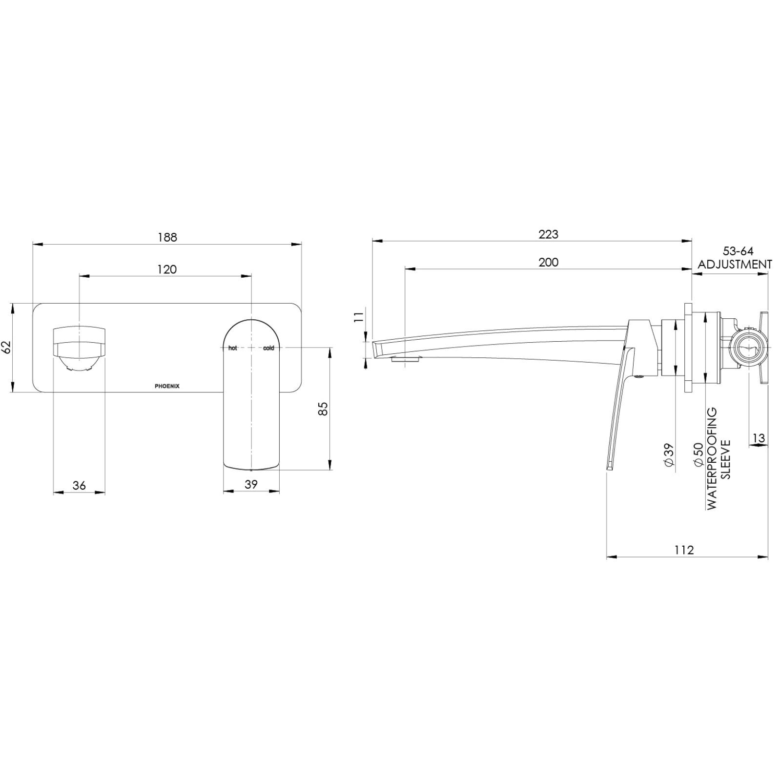 Technical Drawing Phoenix Mekko SwitchMix Wall Basin / Bath Mixer Set 200mm Matte Black (Complete Kit) 115-2810-10-1-KIT - The Blue Space