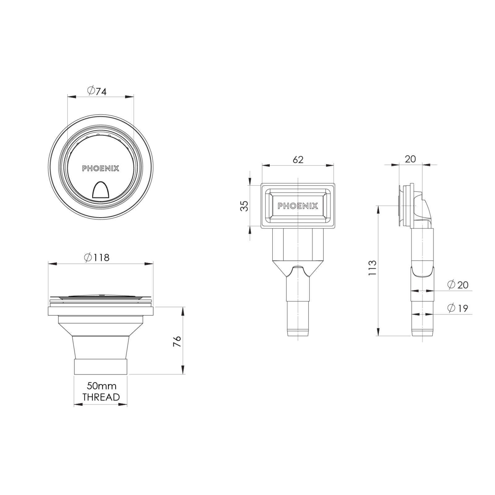 Covered Basket Waste Technical Drawing Phoenix Sink Package 2 - Matte White Sink & Brushed Gold Mixer 312-2038-12 - The Blue Space