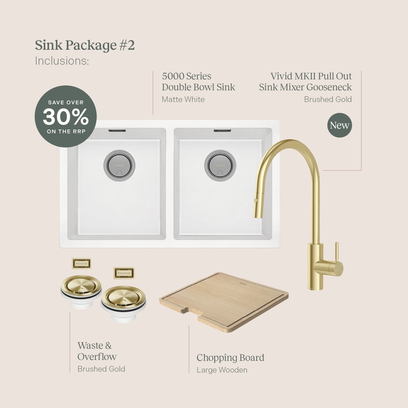 Details Phoenix Sink Package 2 - Matte White Sink & Brushed Gold Mixer 312-2038-12 - The Blue Space
