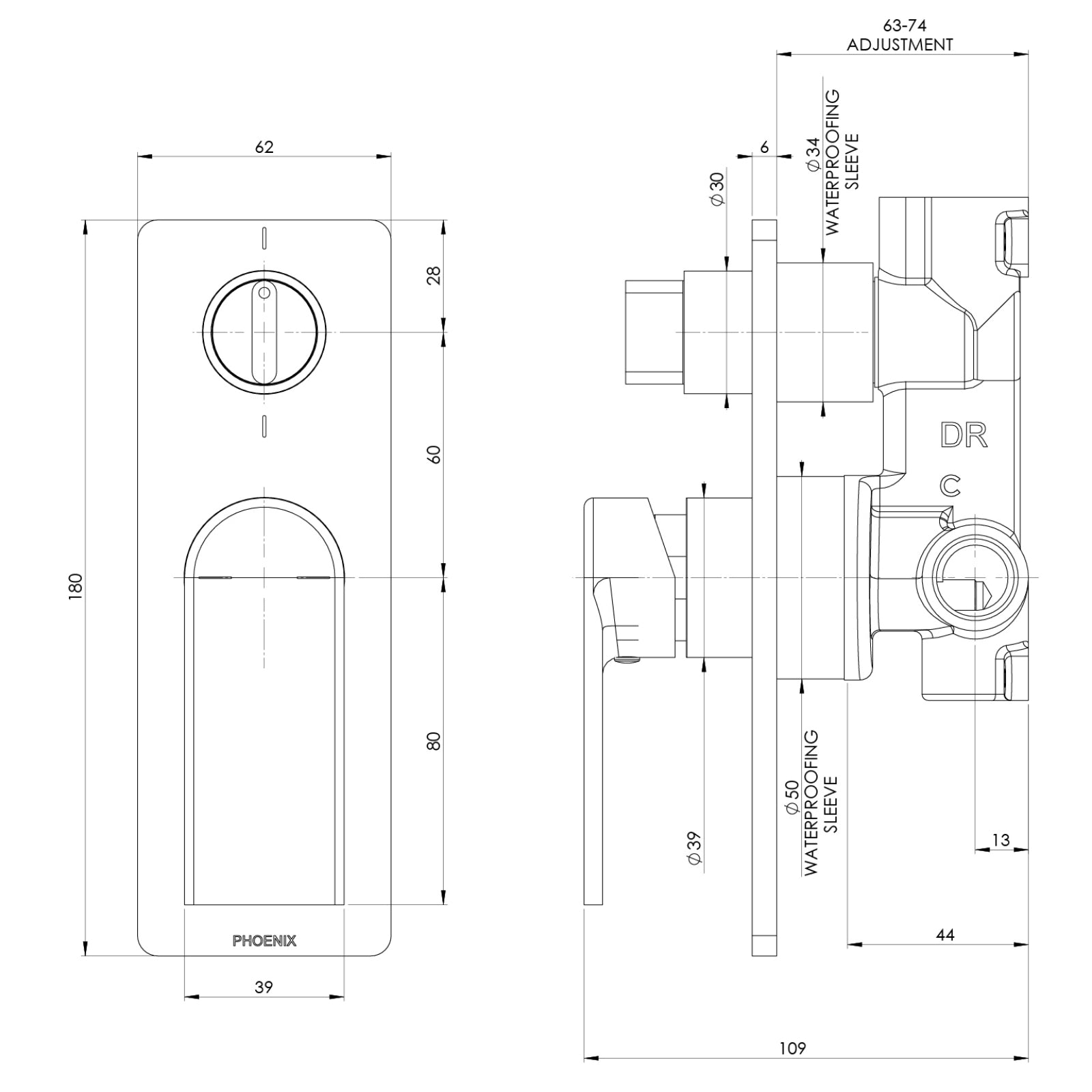 Technical Drawing Phoenix Teel Switchmix Shower Bath Diverter Mixer - Matte Black 118-2910-10_KIT - The Blue Space