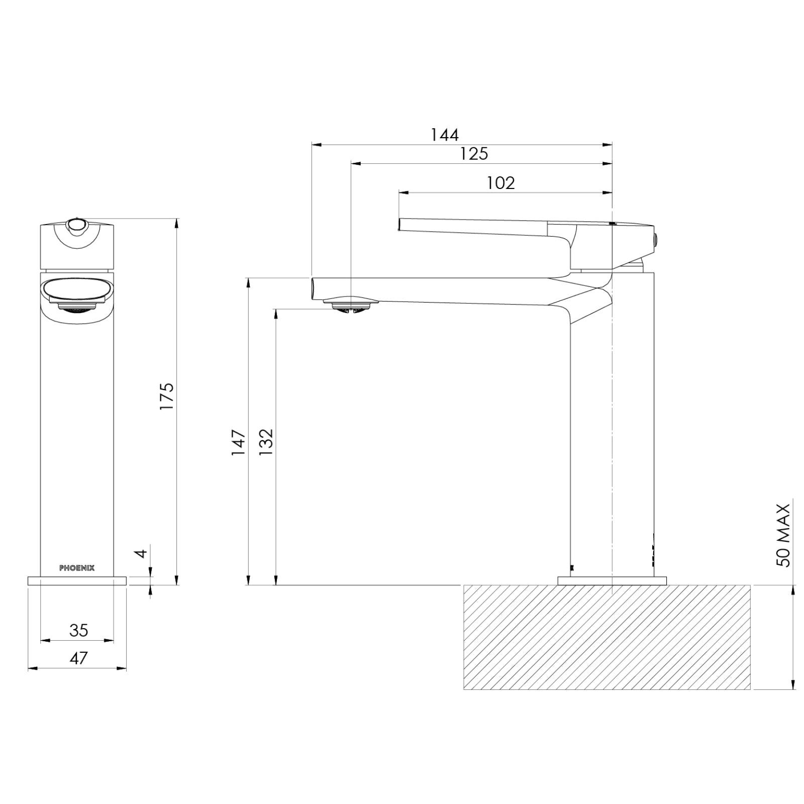 Technical Drawing Phoenix Basin Mixer - Brushed Nickel 139-7700-40-1 - The Blue Space