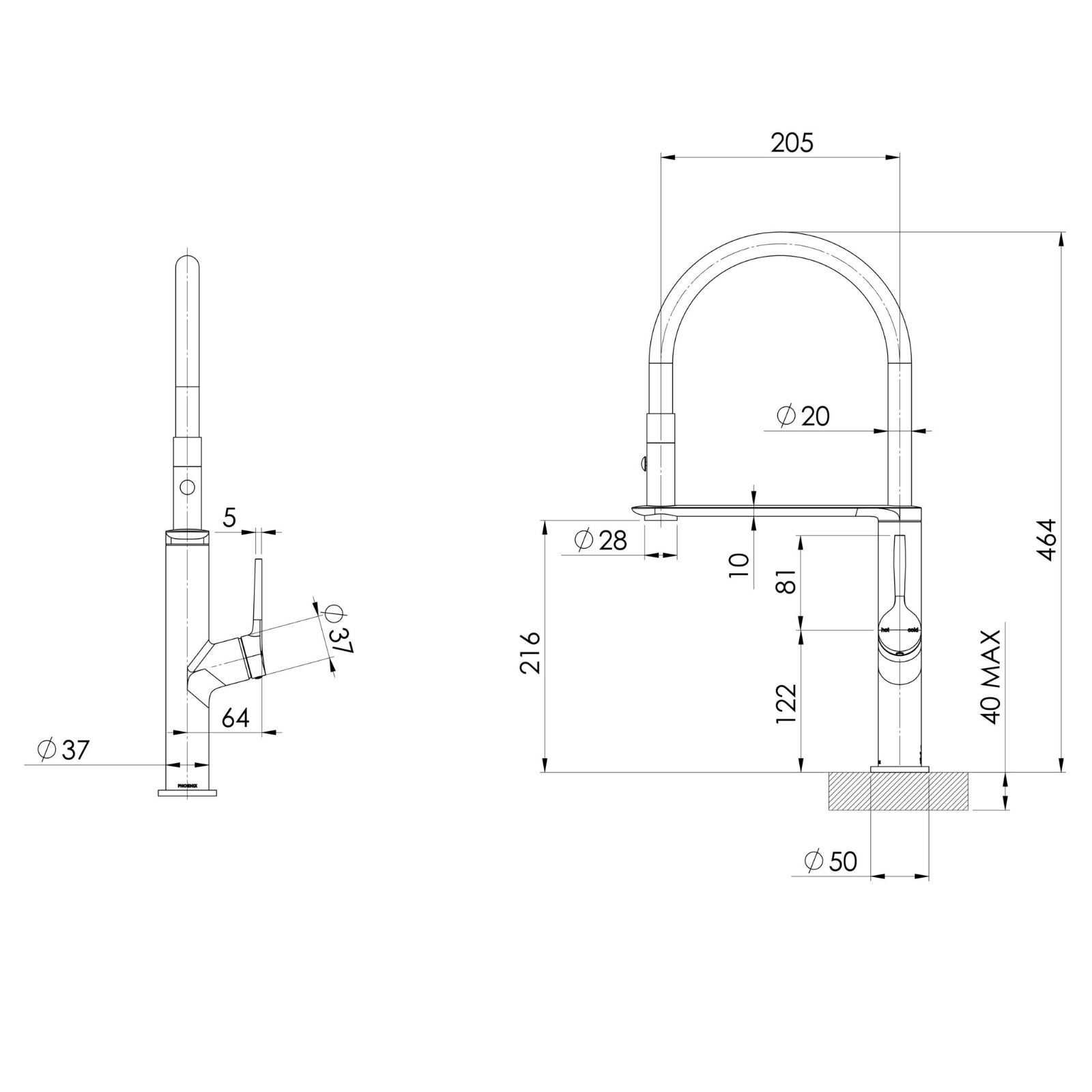 Technical Drawing Phoenix Flexible Hose Sink Mixer 200mm - Chrome 139-7110-00-1 - The Blue Space
