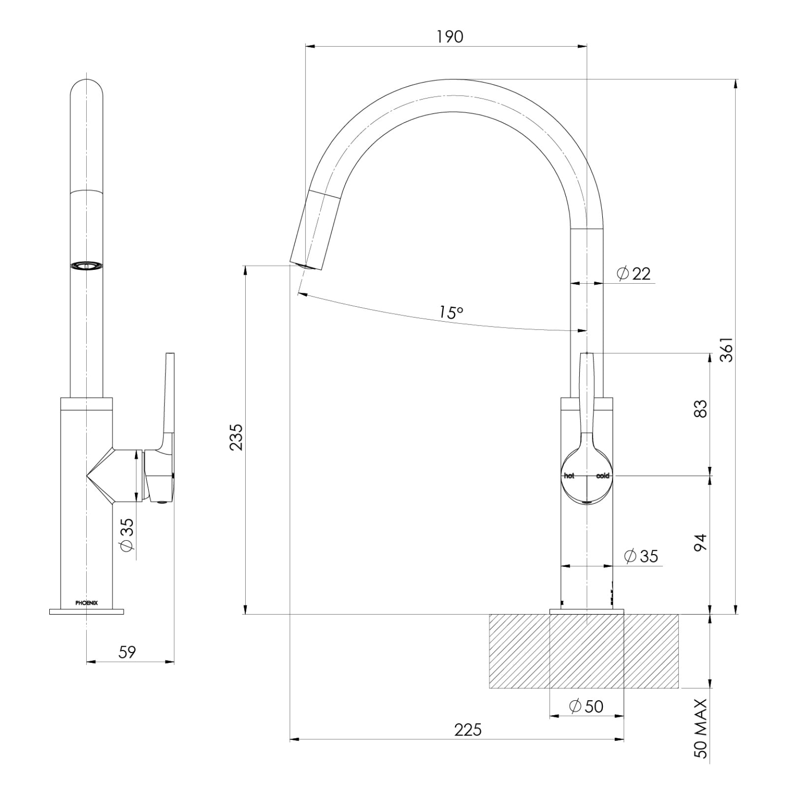 Technical Drawing Phoenix Sink Mixer 190mm - Chrome 139-7330-00-1 - The Blue Space