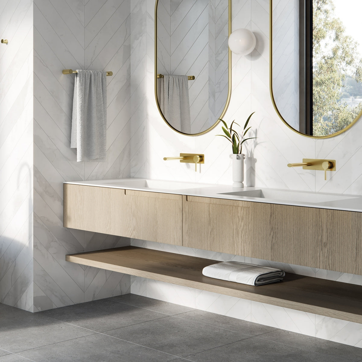 Lifestyle Phoenix Vivid Slimline Oval SwitchMix Wall Basin / Bath Mixer Set 175mm Brushed Gold (Complete Kit) VV2810-12-1-KIT - The Blue Space