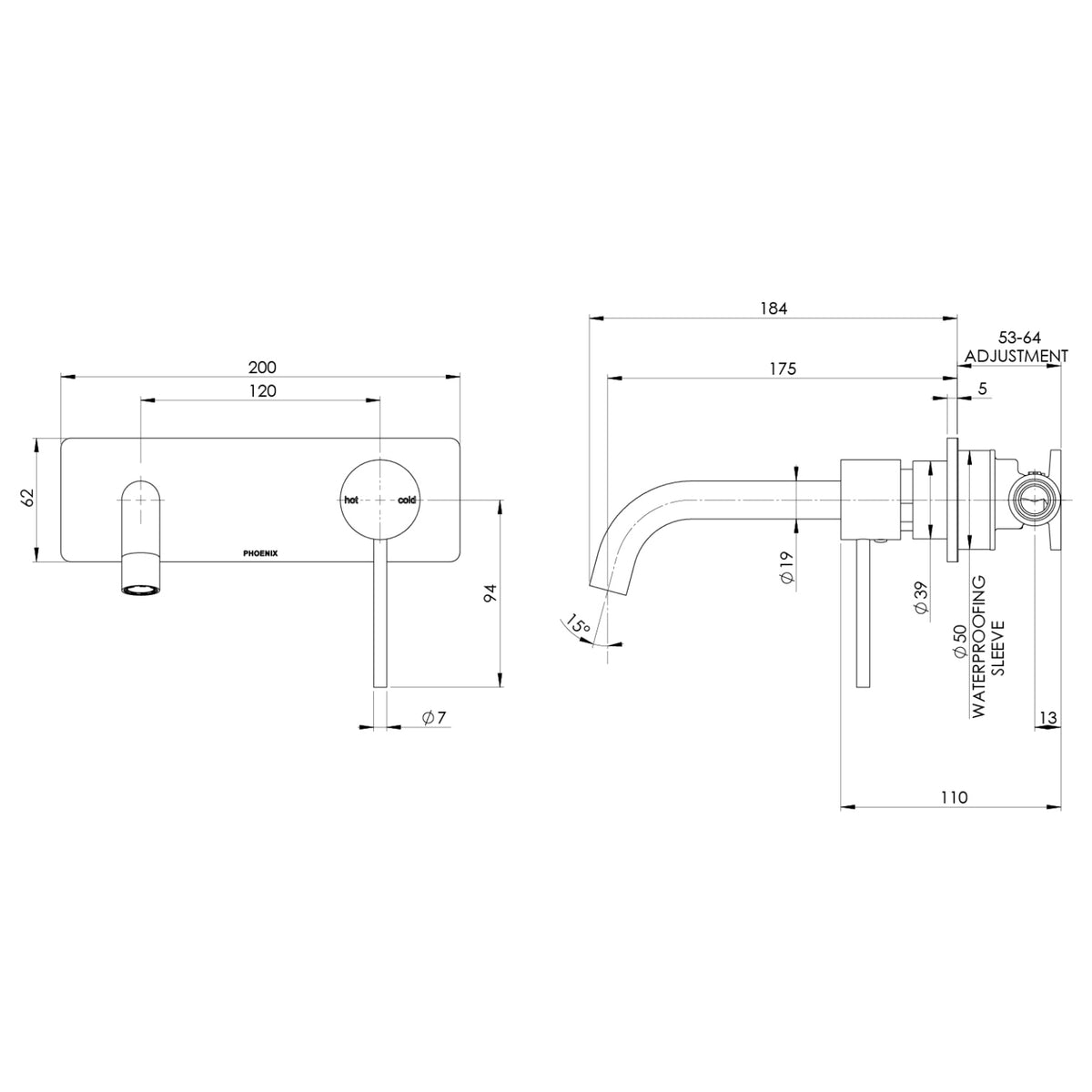 Technical Drawing Phoenix Vivid Slimline SwitchMix Wall Basin / Bath Mixer Set 180mm Brushed Nickel (Complete Kit) VS2810-40-1-KIT - The Blue Space