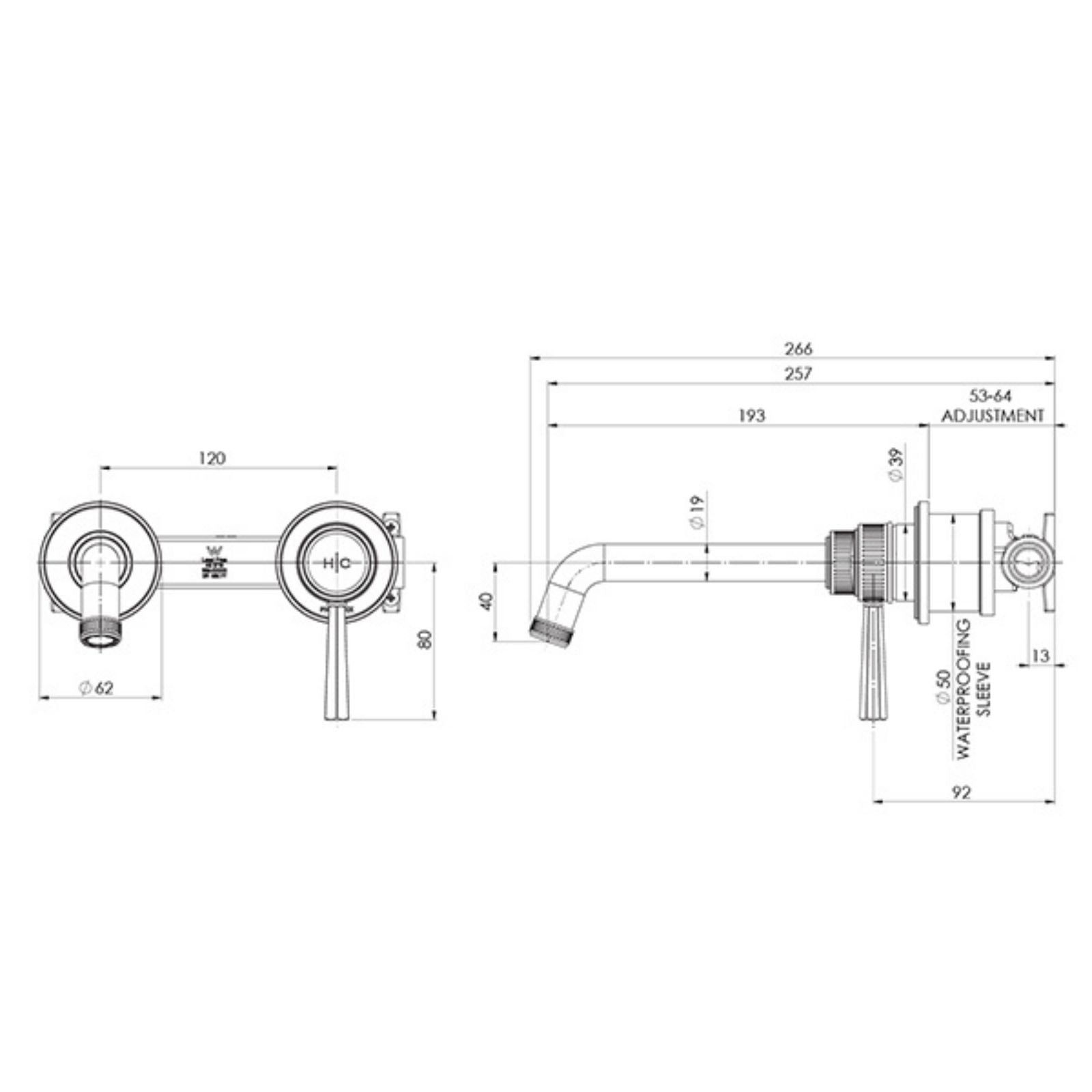 Technical Drawing Phoenix Wiltern SwitchMix Wall Basin / Bath Mixer Set 190mm (Fit-Off Kit Only) - Brushed Carbon 144-2812-31-1 - The Blue Space