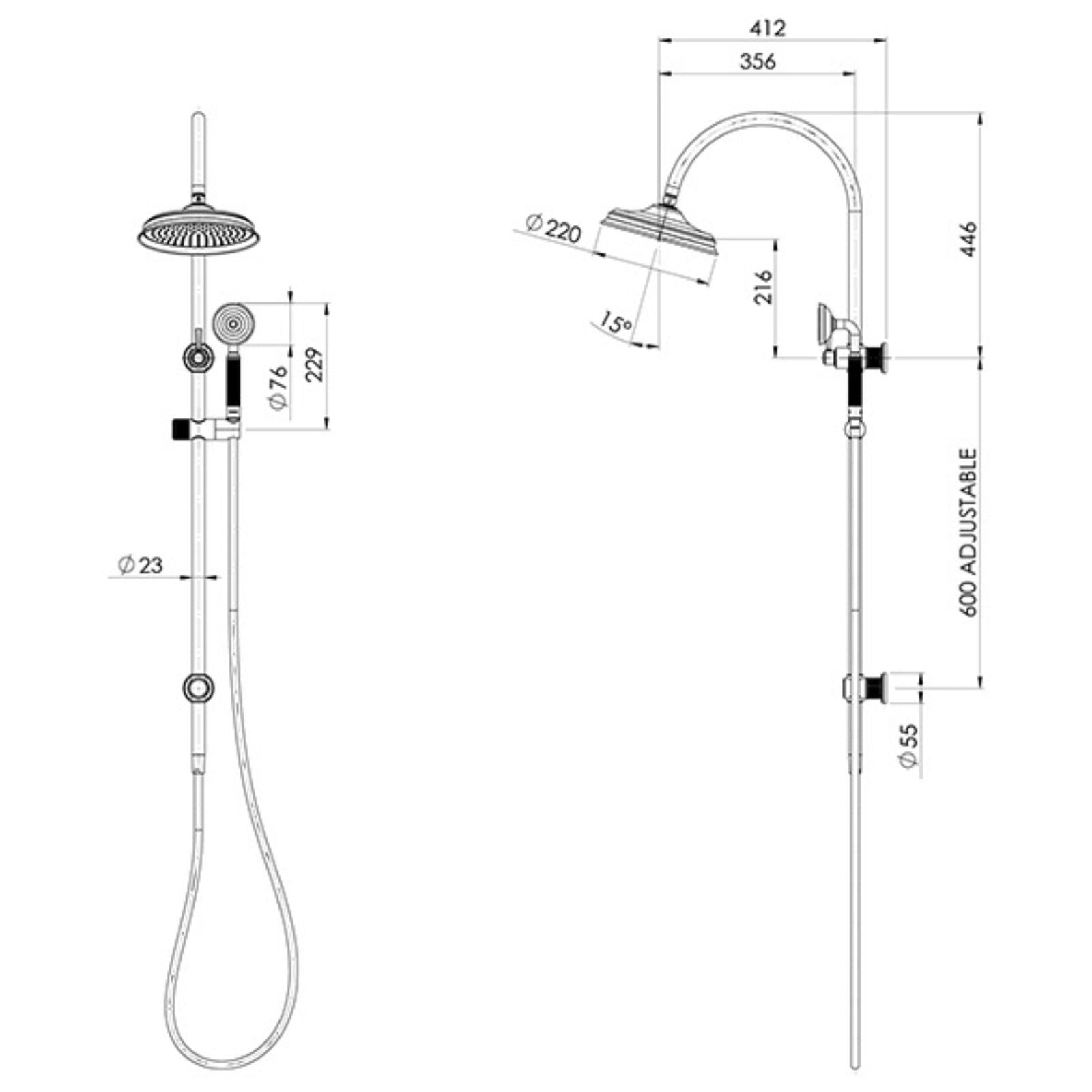 Technical Drawing Phoenix Wiltern Twin Shower Brushed Gold 144-6510-12 - The Blue Space