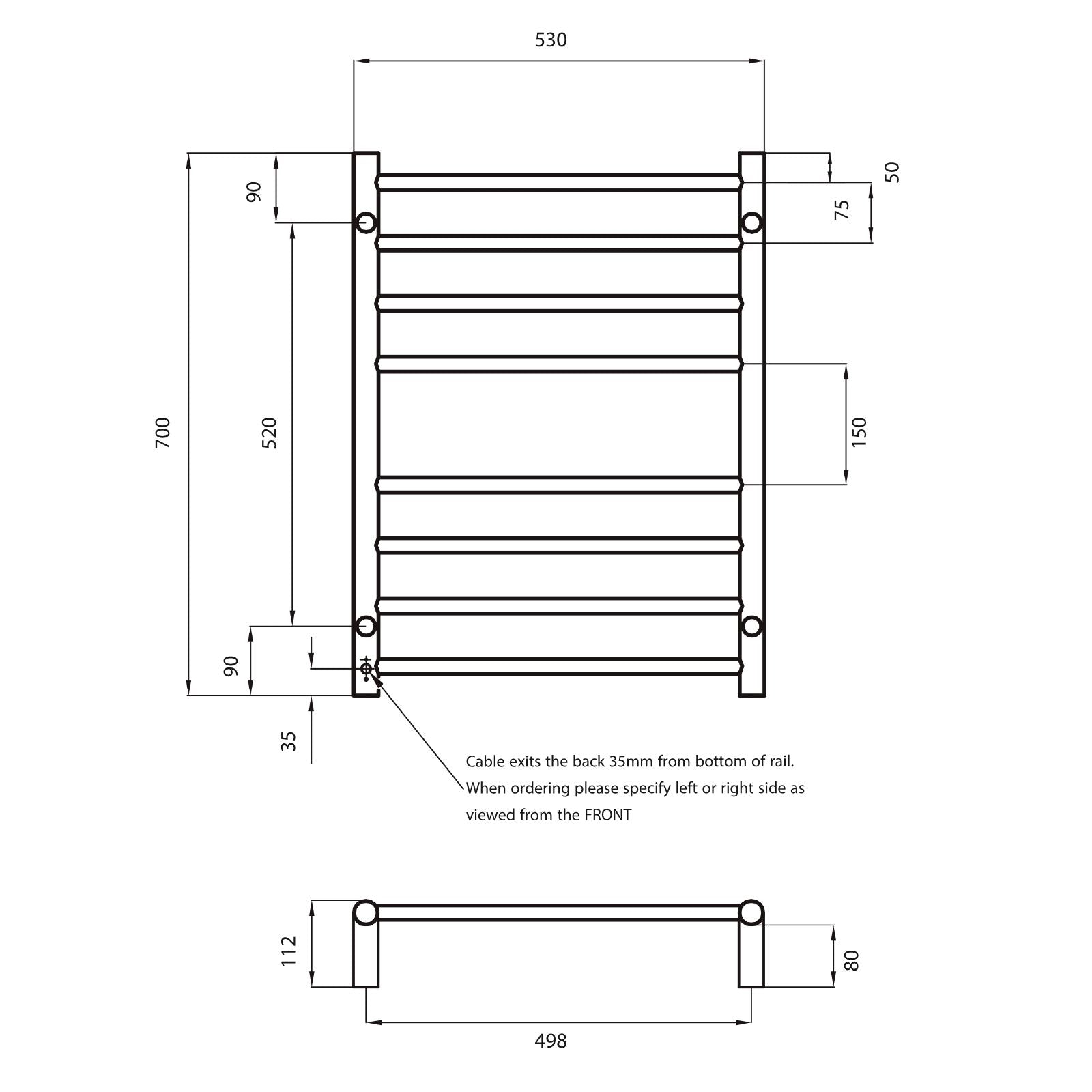 Technical Drawing Radiant Heated Round Ladder 530 X 700mm Matt Black BRTR530 - The Blue Space