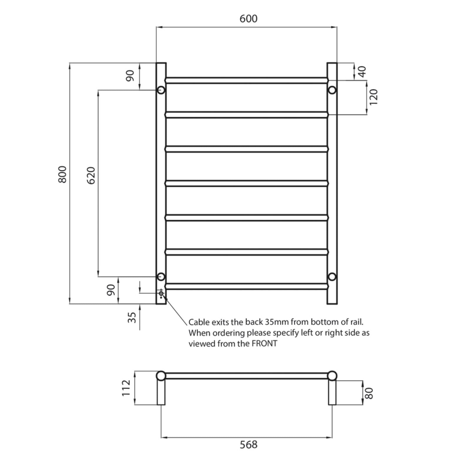Technical Drawing Radiant Heated Round Ladder 600 x 800mm Light Gold LG-RTR01 - The Blue Space