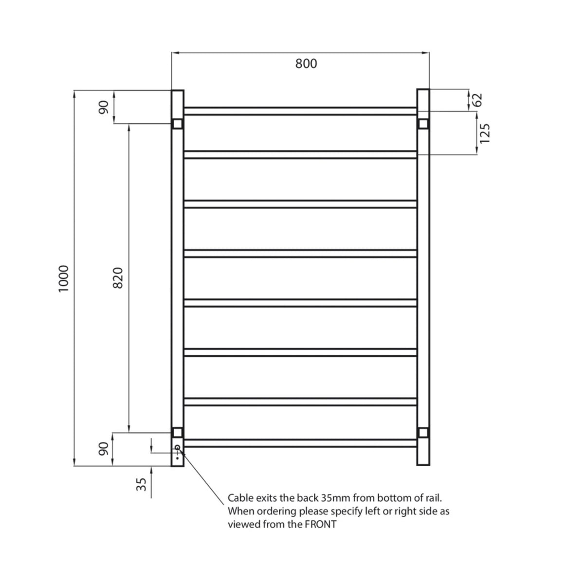 Technical Drawing Radiant Heated Square Ladder 800 X 1000mm Mirror Polished STR05 - The Blue Space