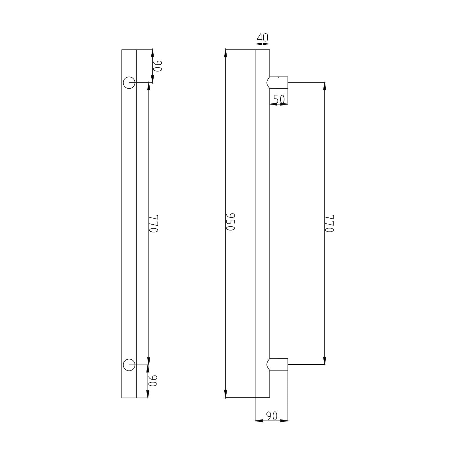 Technical Drawing Radiant Heated Vertical towel rail 40 x 950mm Brushed Satin BRU-VTR-950 - The Blue Space
