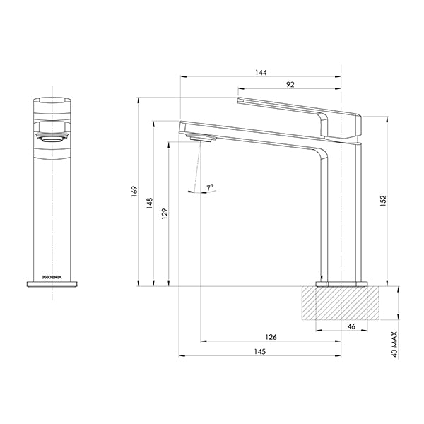 Phoenix Enviro316 Marine Grade Stainless Steel Basin Mixer Technical Drawing - The Blue Space