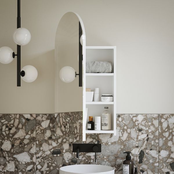Bao Arch Shaving Cabinet open door with Indigo Alisa matte black tapware and Telbix Moran 3 light pendant with Southside Natural Terazzo tiles - The Blue Space