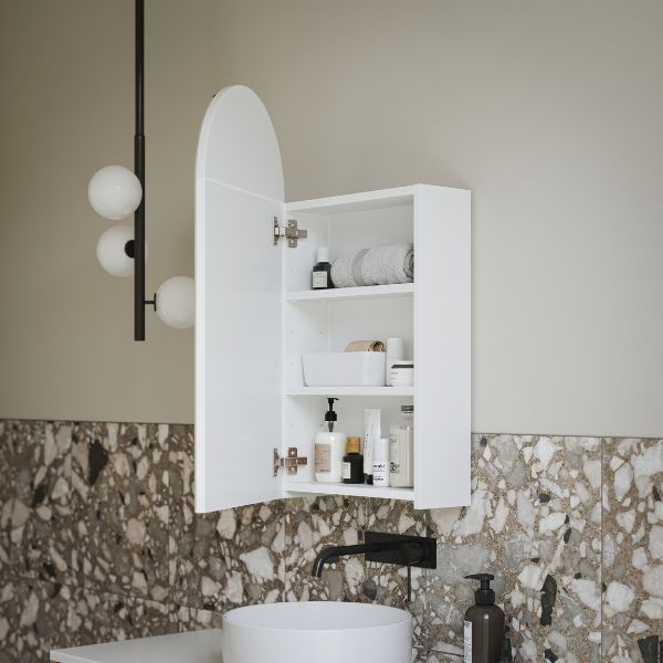 Bao Arch Shaving Cabinet open door with Indigo Alisa matte black tapware and Telbix Moran 3 light pendant with Southside Natural Terazzo tiles - The Blue Space
