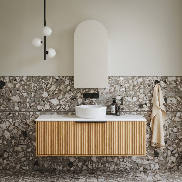 Bao Arch Shaving Cabinet with Timberline Elwood Apollo in Prime Oak Finish. Indigo Alisa matte black tapware and Telbix Moran 3 light pendant with Southside Natural Terazzo tiles - The Blue Space