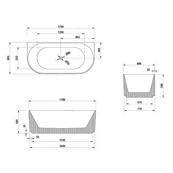 Baö Fluted 1700mm Back to Wall Bath - Matte White - line drawing - The Blue Space