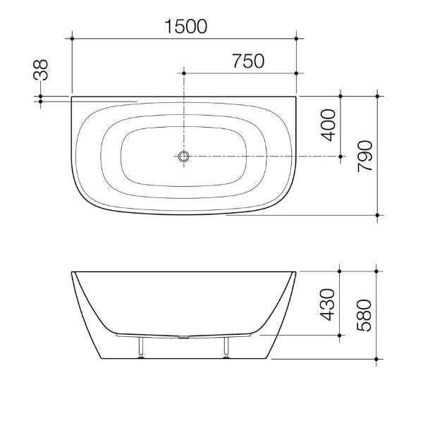 Technical Drawing Caroma Contura II 1500mm Back to Wall Freestanding Bath - Matte White CII5WFMW - The Blue Space