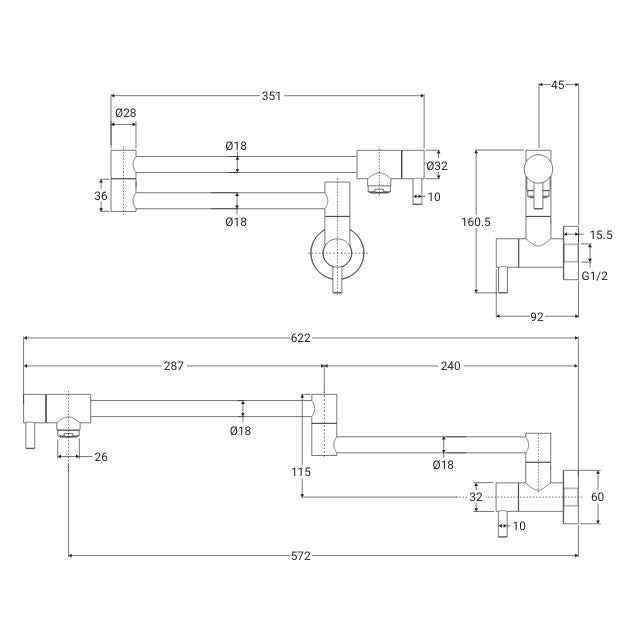 Technical Drawing Fienza Kaya Pot Filler Wall Mixer Brushed Copper 228120CO - The Blue Space