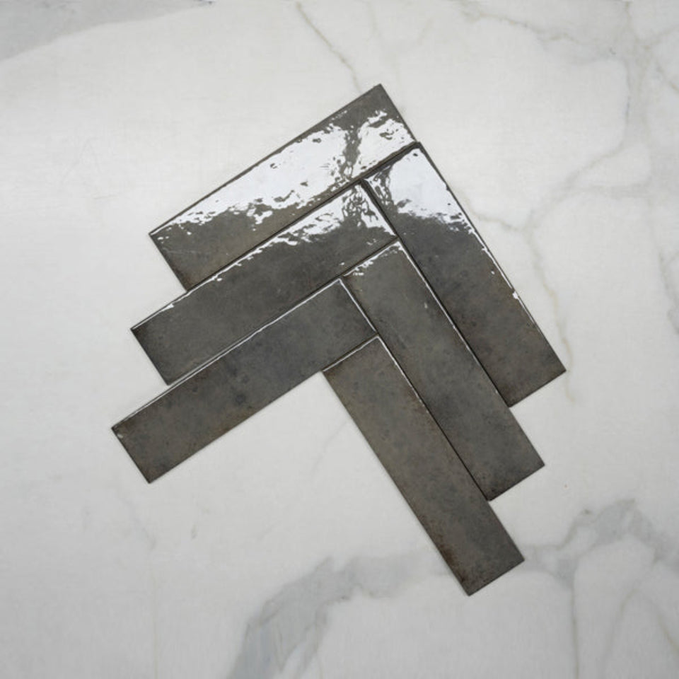 Grey Andrea Subway Tile Textural Gloss 75 x 300 x 8mm Italian Porcelain