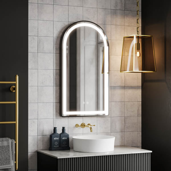 INIAM5090-MB | Ingrain 500mm by 900mm Arch Shaped Frontlit Mirror with Touch Sensor and Demister Pad with Matt Black Frame
