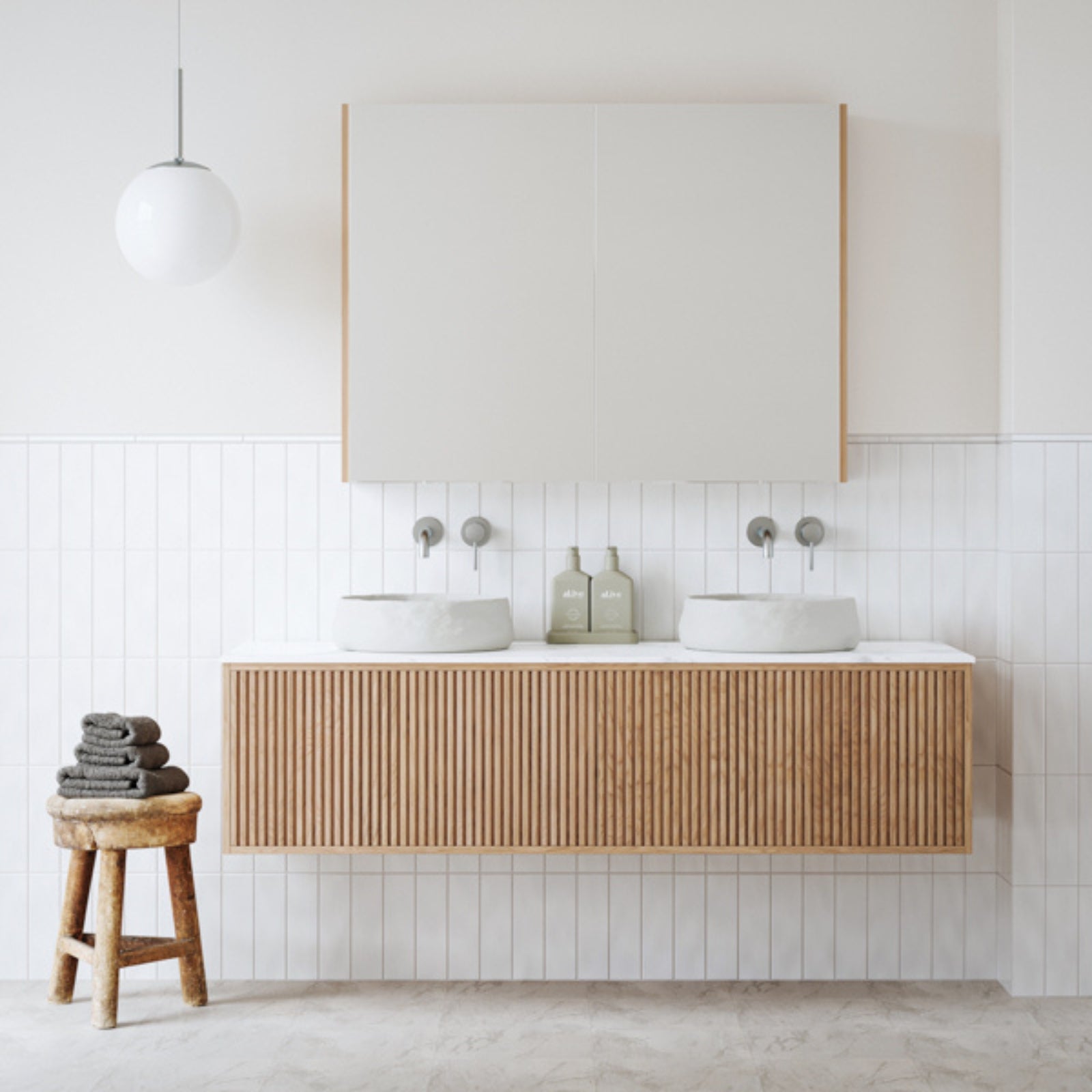 Whitehaven White Wavy Satin Ceramic Subway Tile 68x280mm with Ingrain Grooved Wall Hung Vanity - The Blue Space