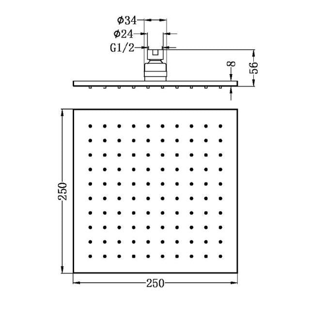 Technical Drawing Nero 250mm Square Shower Head Brushed Gold NRROB1003BG - The Blue Space