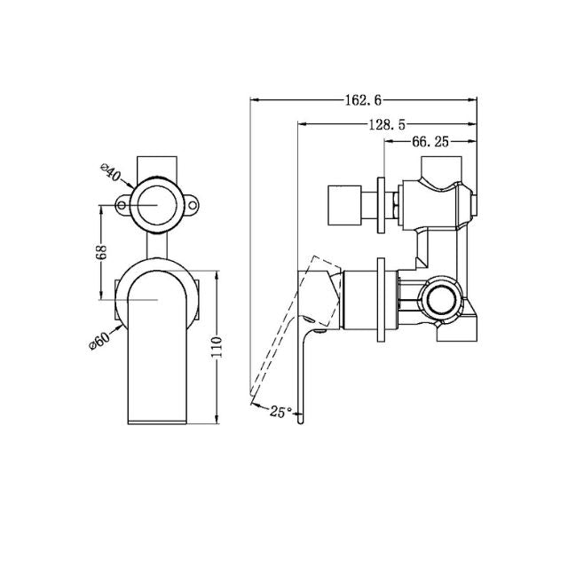 Technical Drawing Nero Bianca Shower Mixer With Diverter Separate Back Plate Chrome NR321511GCH - The Blue Space