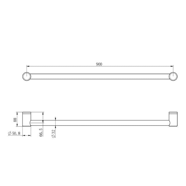 Technical Drawing Nero Mecca Care 32mm Grab Rail 900mm Gunmetal NRCR3230GM - The Blue Space