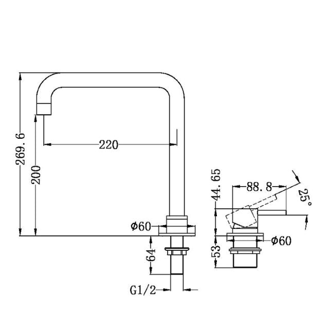 Technical Drawing Nero Mecca Hob Basin Mixer with Square Swivel Spout in Matte White NR221901cMW - The Blue Space