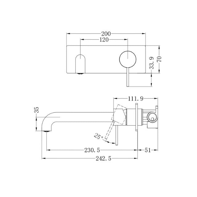 Technical Drawing Nero Mecca Wall Basin Mixer 230mm Spout Matte White - NR221910a230MW - The Blue Space