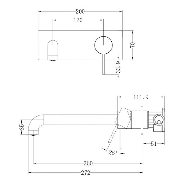 Tecnical Drawing Nero Mecca Wall Basin Mixer 260mm Spout Gun Metal - NR221910a260GM - The Blue Space