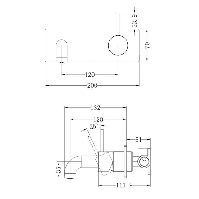 Technical Drawing Nero Mecca Wall Basin Mixer Handle Up 120mm Spout Matte White - NR221910b120MW - The Blue Space