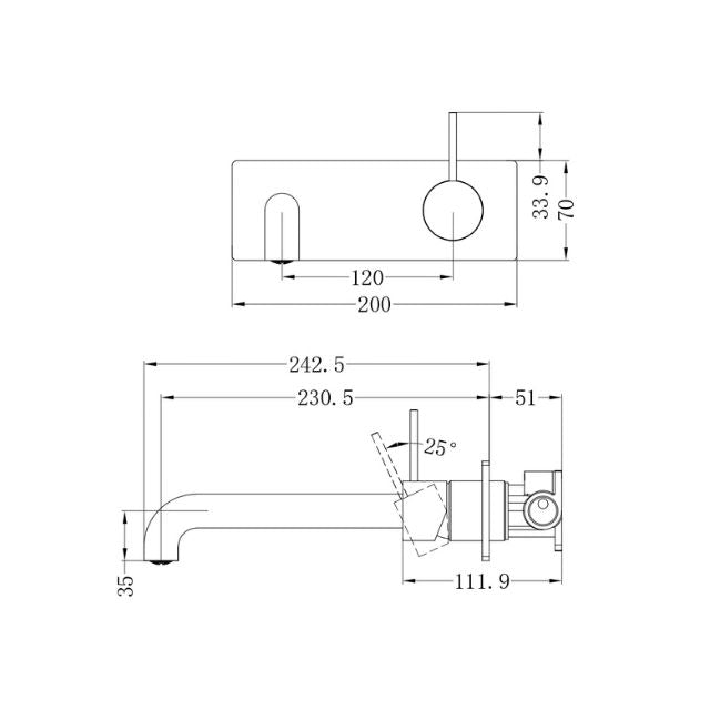 Technical Drawing Nero Mecca Wall Basin Mixer Handle Up 230mm Spout Brushed Bronze - NR221910B230BZ - The Blue Space